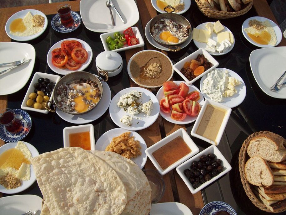 turkey-a-traditional-breakfast-consists-of-bread-cheese-butter-olives-eggs-tomatoes-cucumbers-jam-honey-and-kaymak-it-can-also-include-sucuk-a-spicy-turkish-sausage-and-turkish-tea