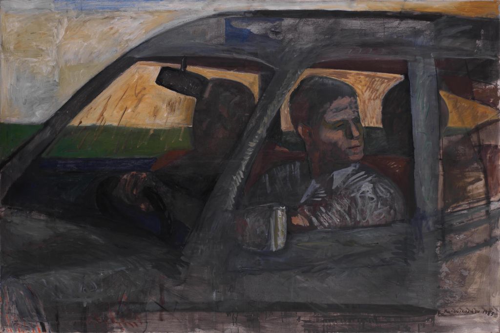 «In the Car», Κώστας Παπανικολάου. 1985, λάδι σε καμβά, 120x180cm.