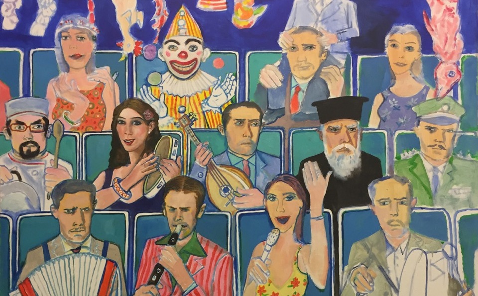 Λεπτομέρεια από το έργο: Edouard Sacaillan, «Funfair», 2019, acrylic on canvas, 204 x 156 cm.