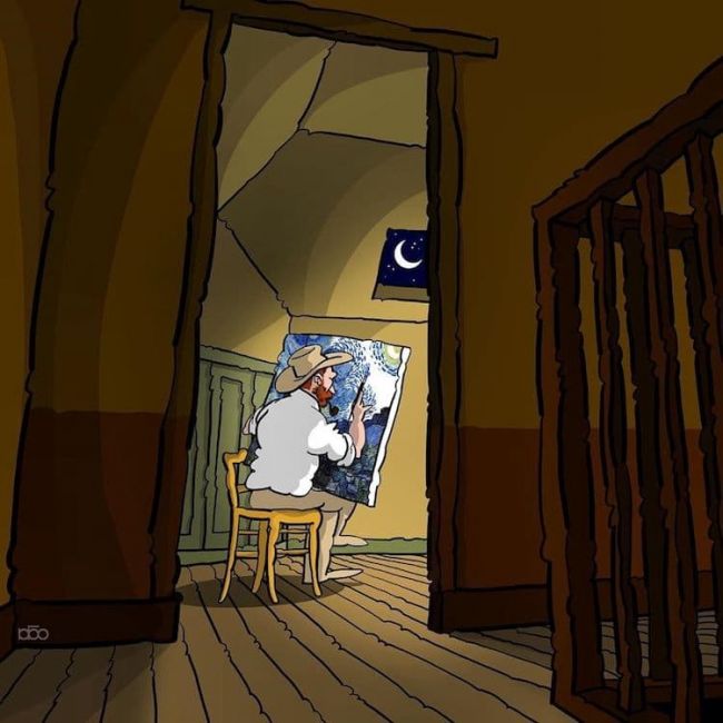 Λίγους μήνες μετά το κόψιμο του αυτιού του, μπήκε σε ιδιωτικό άσυλο, όπου έμεινε πάνω από ένα χρόνο. Κατά την παραμονή του, φιλοτέχνησε πάνω από 100 έργα, στα οποία συμπεριλαμβάνονται η "Έναστρη Νύχτα" και οι "Ίριδες¨. © Alireza Karimi Moghaddam