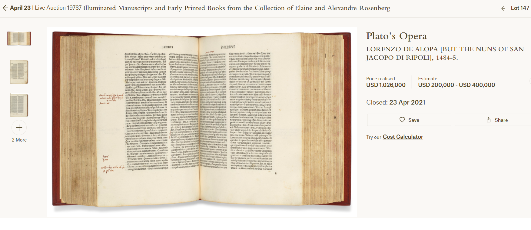 Το σπάνιο βιβλίο με το συνολικό έργο του Πλάτωνα, φωτογραφία: στιγμιότυπο από την ιστοσελίδα του Christie's