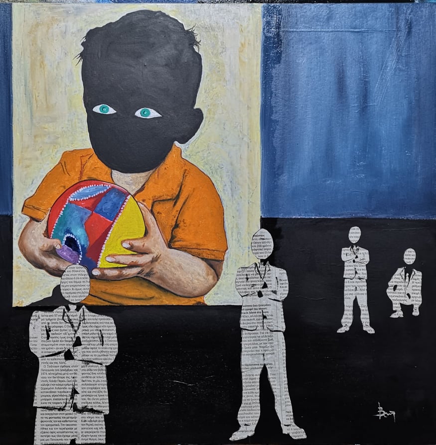 Αξελής Βασίλης, No photos, 50x50cm, Λάδι και κολάζ σε ξύλο