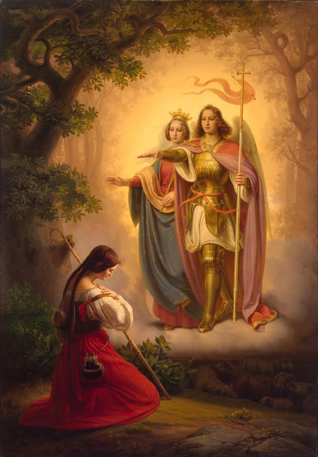 Η εμφάνιση της Αγίας Αικατερίνης και του Αρχάγγελου Μιχαήλ στην Ιωάννα της Λωρραίνης, Χέρμαν Στίλκε. Photo Credits: Wikimedia Commons