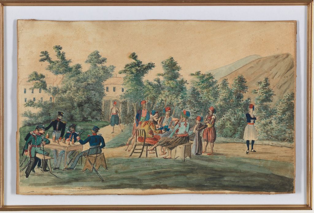 Ludwig Köllnberger, «Έλληνες και Βαυαροί στρατιώτες σε ώρα ανάπαυλας», 1834, Υδατογραφία σε καφετί χαρτί, επικολλημένη σε χαρτόνι, 15 x 17,5 εκ.