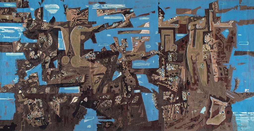 Γιάννης Μόραλης, Βυθισμένη Πολιτεία, 1965, ταπισερί 224 x 425 εκ., μεταφορά Γ. Φαϊτάκις – Εργαστήριο Διακοσμητικών Υφαντών Τοίχου Βασιλικής Πρόνοιας