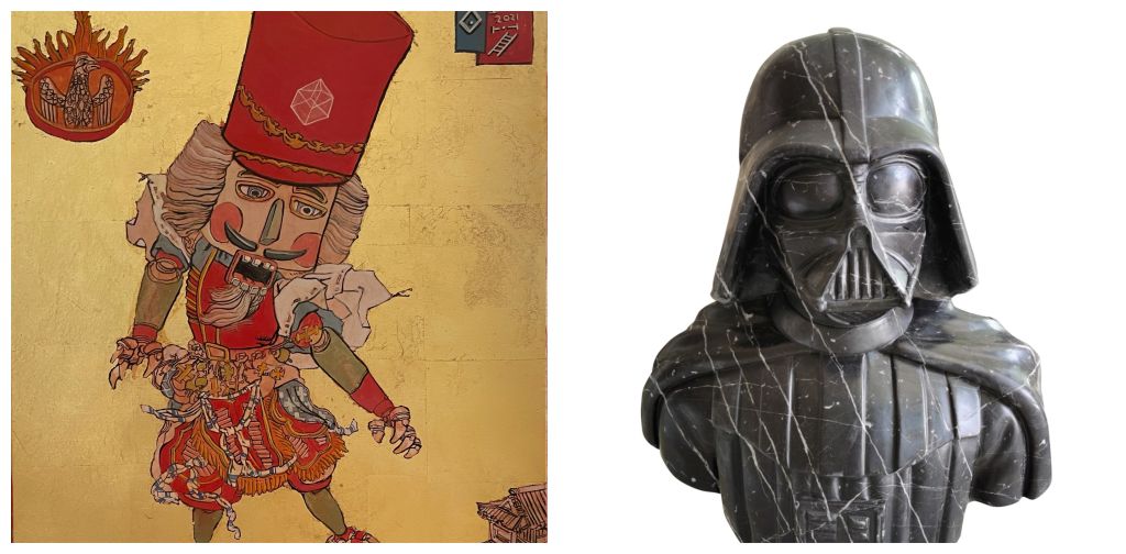 Αριστερά: «Ο Καρυοθραύστης» του Κωνσταντίνου Παπαμιχαλόπουλου | Δεξιά: Γλυπτό του Leo Caillard | «Wonderland» και «Heroes in Stone»: Κωνσταντίνος Παπαμιχαλόπουλος και Leo Caillard «συνομιλούν» στη νέα έκθεση της γκαλερί Σκουφά