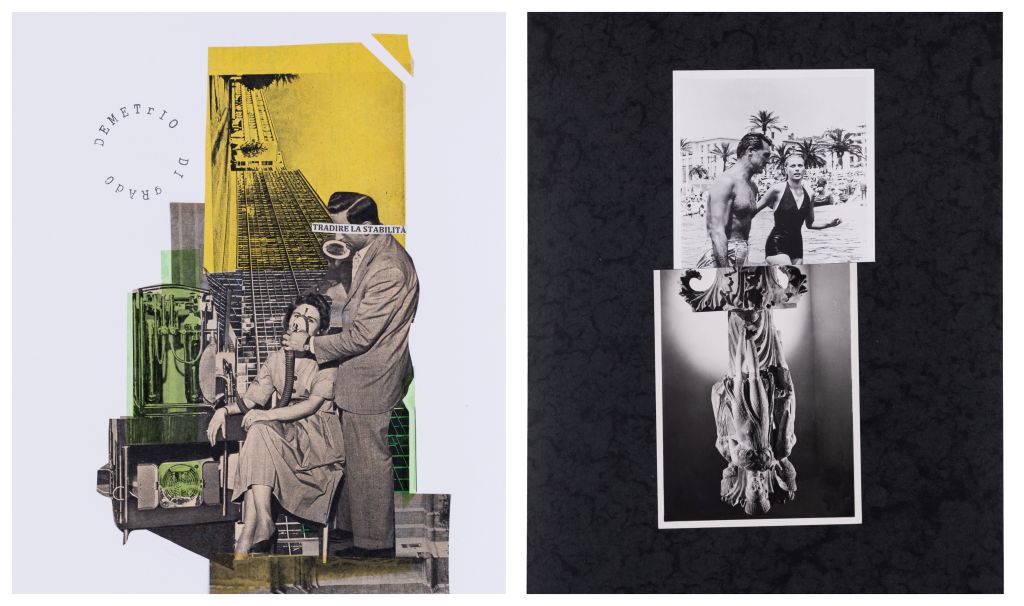 Aριστερά: Demetrio Di Grado, 21cm x 29.7cm , Analogue collage. Δεξιά: Alexandros Maganiotis, from Postcards series, 10cm x 15cm , Collage and acrylic on paper