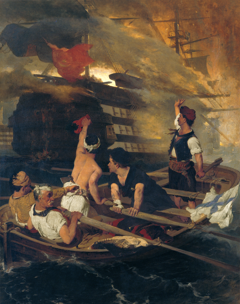 Η πυρπόληση της τουρκικής ναυαρχίδας από τον Κανάρη, Νικηφόρος Λύτρας (1873). Photo Credits: Wikimedia Commons