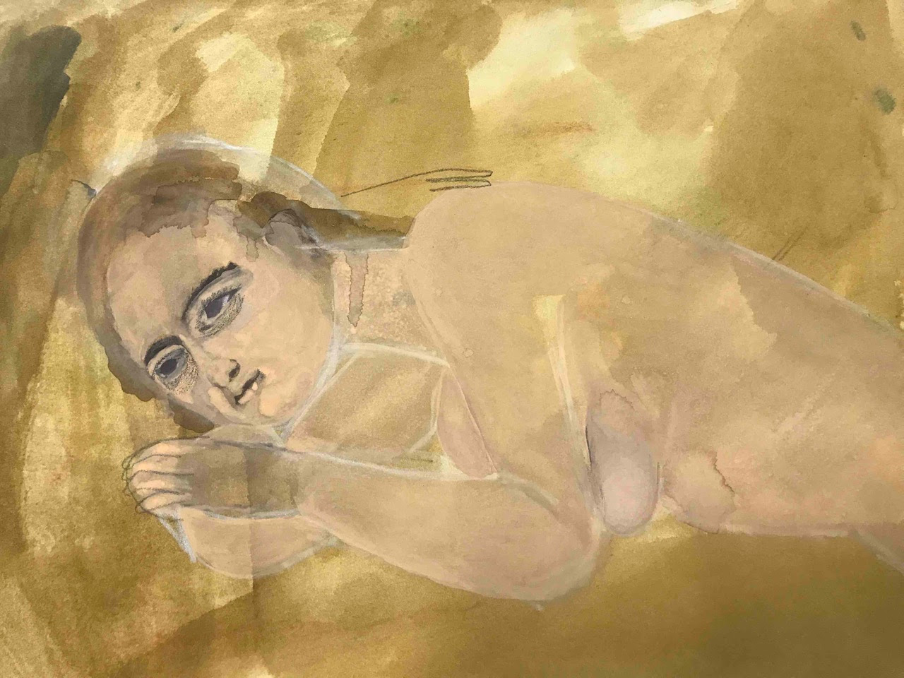 Jumana Emil Abboud, Reclining III, 51 x 36 εκ, 2018. Γκουάς, μολύβι, μελάνι και παστέλ σε χαρτί.