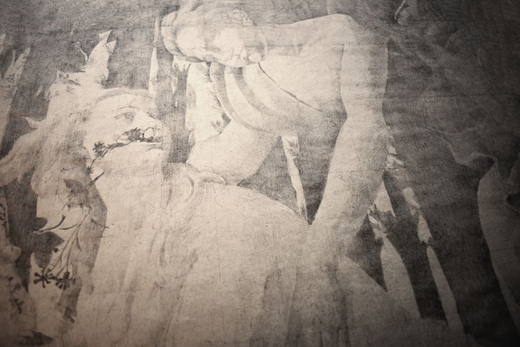 Νίκος Ποδιάς. “I never promised you a rose garden” 2018. Μολύβι σε χαρτί, 83 × 66 εκ. Από την «Αλληγορία της Άνοιξης» του Σάντρο Μποτιτσέλι. Παραχώρηση του καλλιτέχνηκαι της Citronne Gallery