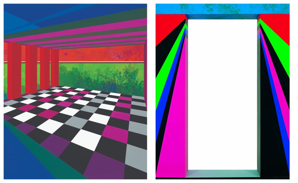 Αριστερά: «Σκακιέρα - Φύση», 2002, Ακρυλικό σε καμβά, 160 x 160 εκ. | Δεξιά: «Μικρή Πύλη – Κλειστό Πλαίσιο», 2001, Ακρυλικό σε ξύλινη κατασκευή, καθρέφτης, 150 x 90 x 20 εκ.

