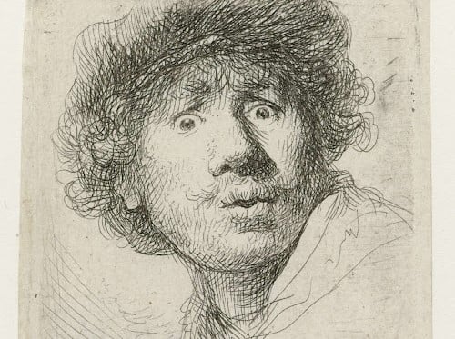 Ρέμπραντ, “Self-Portrait in a cap, wide-eyed and open-mouthed” (1630)