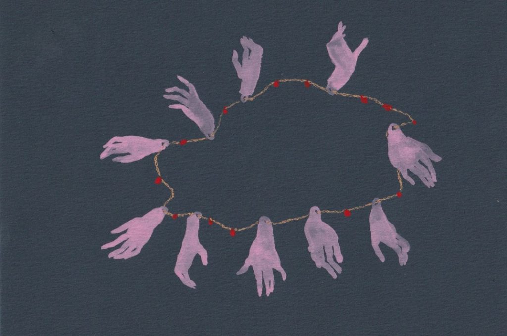Chioma Ebinama, heroes hands necklace, 2023, gouache and watercolor on paper, 23 x 26 cm.