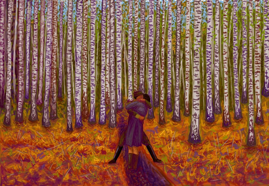 Μπάμπης Πυλαρινός Το φιλί από την ταινία «Τα παιδικά χρόνια του Ιβάν». Ψηφιακή ζωγραφική, 41x60 εκ., 2023
