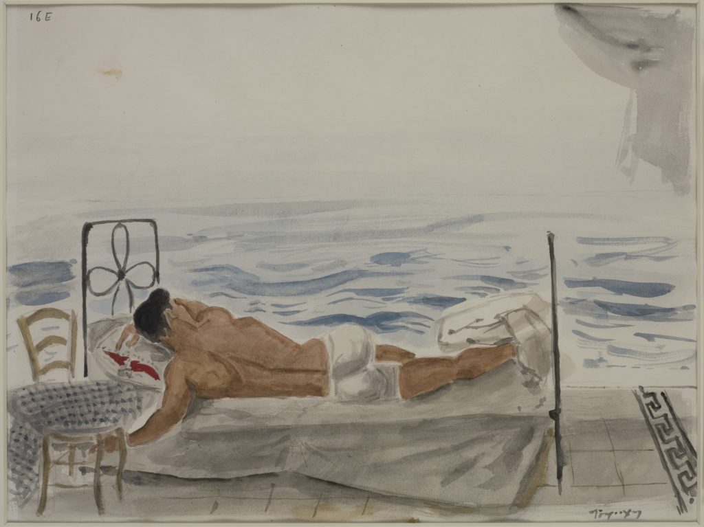 Νέος κοιμισμένος δίπλα στη θάλασσα, 1965. Ακουαρέλα σε χαρτί                                                                                     Ίδρυμα Γιάννη Τσαρούχη, αρ. ευρ.69                                                                
                                                             