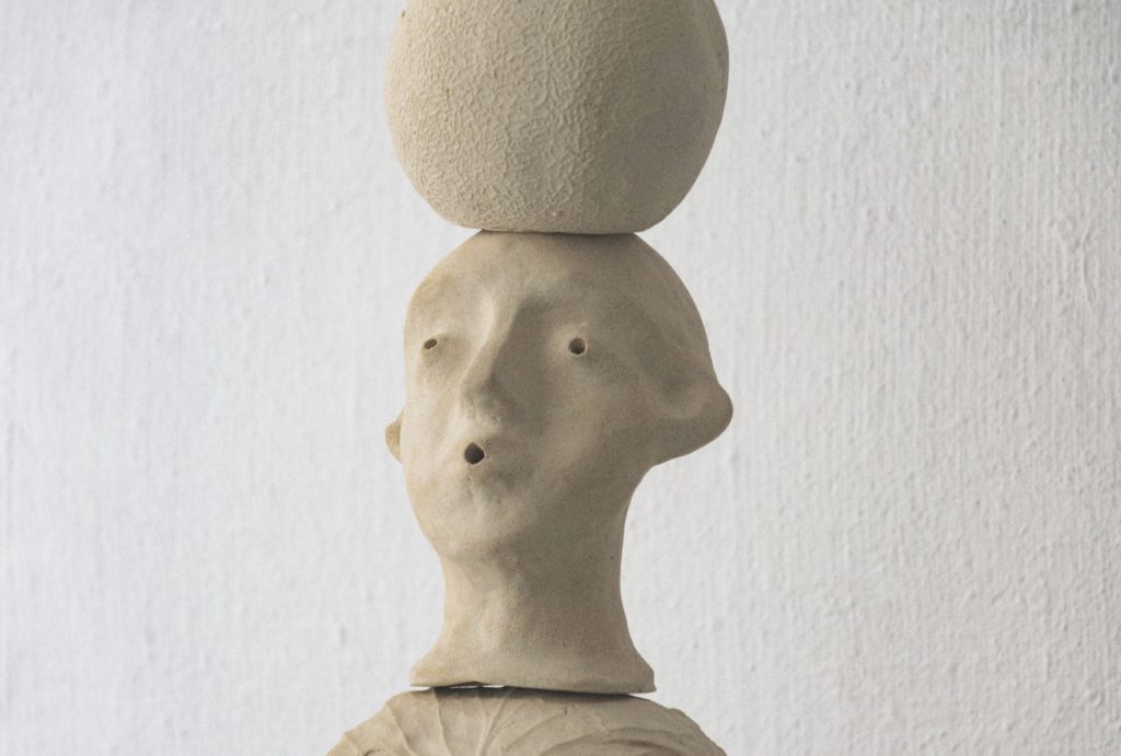 Kleopatra Tsali, Cucumis Melo Lamp, 2023, clay, metal, 170x30x30cm, photo by Nikos Antonopoulos